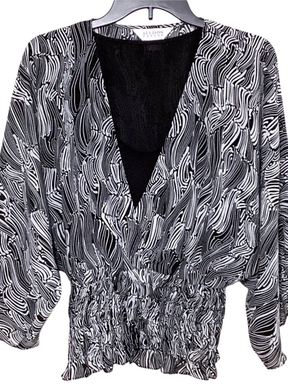 Allison Taylor L Top Blouse Tank Drop Waist Shirred Black White Abstract Ruffle - Picture 2 of 12